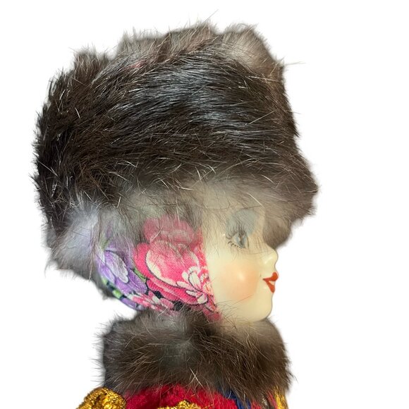 Pretty Hand Painted Russian Porcelain Girl Doll In Colorfully Dress & Fur Hat - Picture 13 of 14
